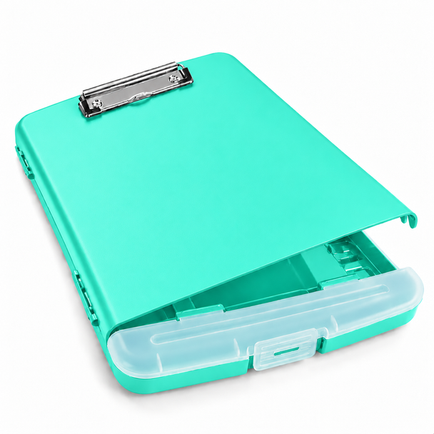 A4 Cyan Green Plastic Clipboard Box File With Pencil Holder - Storage Filing Case