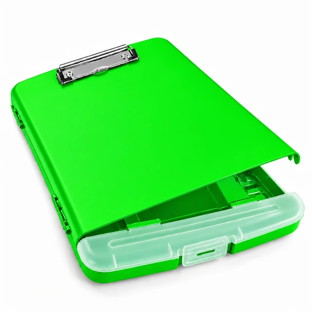 A4 Green Plastic Clipboard Box File With Pencil Holder - Storage Filing Case