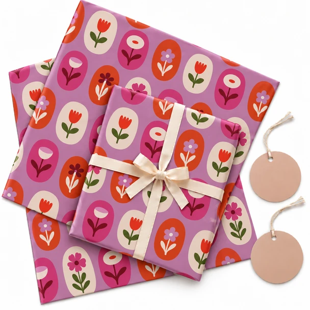 Pack of 2 Spring Tulips Design 50 x 70 cm Gift Wrap Sheets with 2 Tags - Valentine’s Mother's Day Birthdays Everyday Celebrations