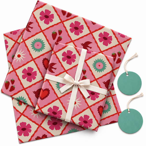 Pack of 2 Floral Tiles Design 50 x 70 cm Gift Wrap Sheets with 2 Tags - Valentine’s Mother's Day Birthdays Everyday Celebrations