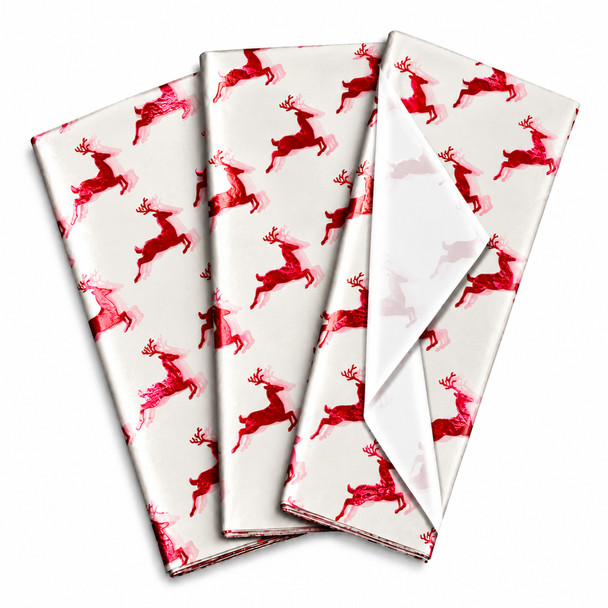 Pack of 5 Christmas Flying Reindeer Design 50 x 70 cm Luxury Red Foil Tissue Sheets