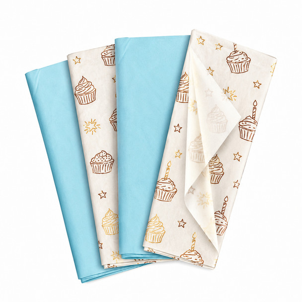 Pack of 8 Sweet Celebration Luxury Gold Foil Design & Plain Sky Blue 50 x 70 cm Tissue Sheets - Birthday, Cake, Boys