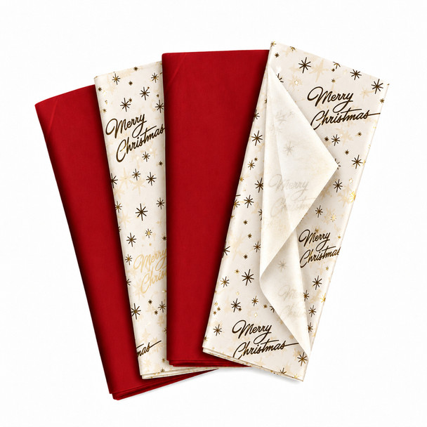 Pack of 8 Merry Christmas Luxury Gold Foil Design & Plain Red 50 x 70 cm Tissue Sheets