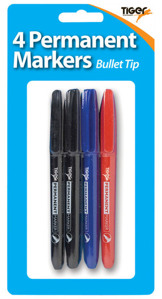 Pack of 4 Fine Bullet Tip Permanent Assorted Colour Marker Pens