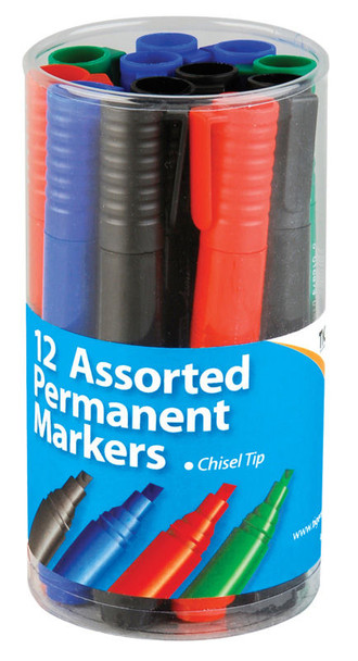 Pot of 12 Chisel Tip Permanent Assorted Colour Marker Pens