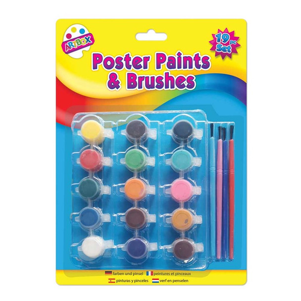 Pack of 15 Poster Paints Colours & 4 Brushes Painting Set - Stationery ...