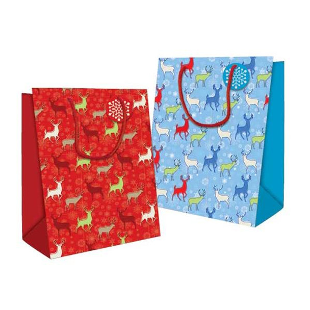 Pack of 12 Patterned Reindeer Design Medium Christmas Gift Bags