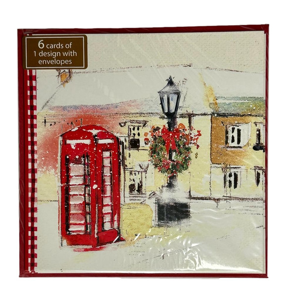 Pack of 6 'Red Telephone & Lanterns' Design Christmas Greeting Cards