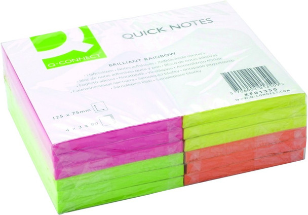 Pack of 12 Quick Notes Neon Repositionable Pads (125x75mm) Assorted Coloured