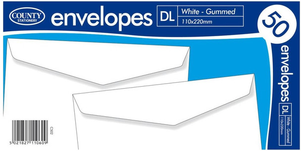 Pack of 50 DL White Gummed Envelopes