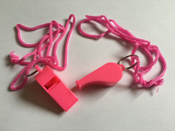 Pack of 15 Pink Plastic Whistles with Lanyard Neck Cord