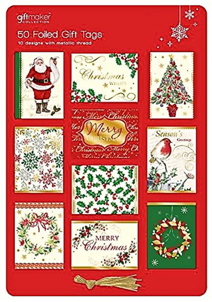 Pack Of 50 Foiled Christmas Gift Tags with Red Metallic Thread