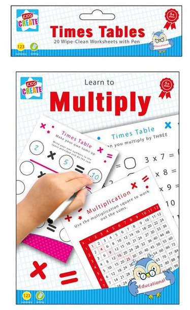 Pack of 20 A5 Wipe-Clean worksheets with pen - Learn to Multiply