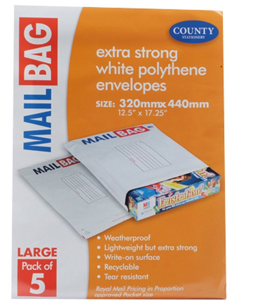 Pack of 5 Large Extra Strong Polythene Mail Bag Envelopes