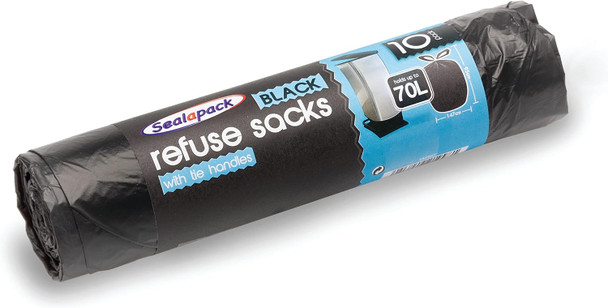 Pack of 10 Seal-A-Pack 70L Refuse Sacks With Tie Handles - 147 x 95cm