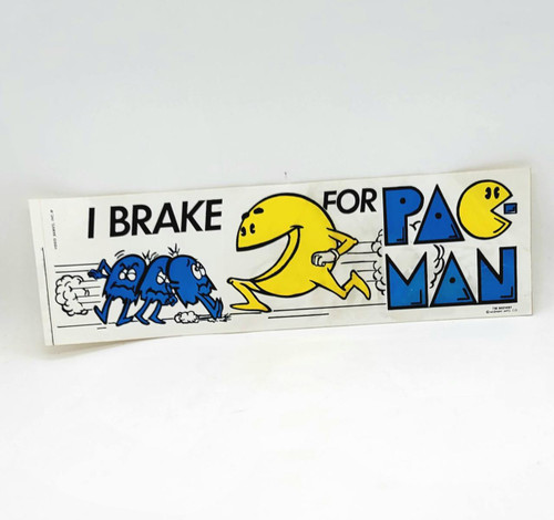 Pac-Man Vintage Midway I Brake For Pac-Man Bumper Sticker, cartoon illustration of Pac-Man and ghosts with the text 'I brake for Pac-Man'.