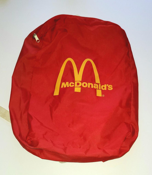 Retro McDonald's Backpack, red backpack with yellow McDonald's logo and golden arches, front view.