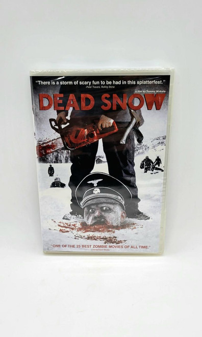 Dead Snow, DVD cover of a horror movie with snowy scene, zombie soldier's face and a person holding a chainsaw.