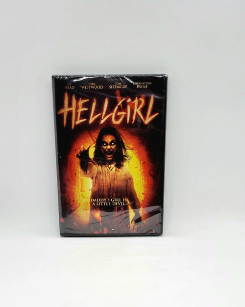 Cinedigm Hellgirl DVD, horror movie DVD with a sinister girl holding a knife on the cover, featuring a dark background with fiery orange and yellow tones.