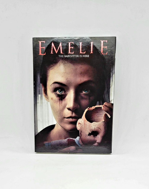 Dark Sky Films Emelie [DVD], movie DVD cover with a young girl's face holding a cracked porcelain doll with dread and suspense.