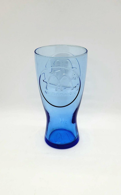 McDonald's Promotional Blue Glass 1961, vintage blue glass with embossed logo, commemorative collectible glass from 1961.