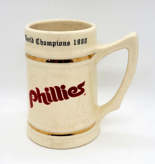 MLB Philadelphia Phillies 1980 World Series Champions Beer Stein Mug, vintage ceramic mug with Phillies logo and gold accents.