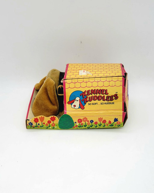 Kennel Kuddlees Tara Toy 1986 Kennel Kuddlees Dog Stuffed Animal, vintage plush dog toy in a box with colorful floral design.