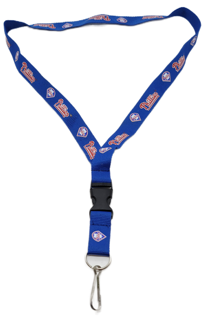 MLB's Philadelphia Phillies blue lanyard featuring the Phillies logo and Phillies. The lanyard features a quick disconnect made of plastic. MLB's Philadelphia Phillies blue lanyard featuring the Phillies logo and Phillies. The lanyard features a quick disconnect made of plastic.