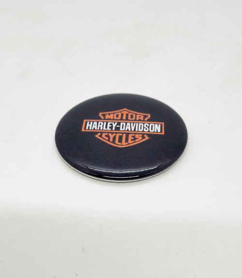 Harley-Davidson Motor Cycles Compact Mirror, Small, round black mirror with Harley-Davidson logo in orange and white, compact size, ideal for motorcycle accessories.