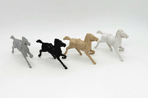 Unknown Vintage Plastic Toy Horses, collection of five small retro plastic toy horses in gray, black, beige, and white, designed as vintage collectible figures for children or decor.
