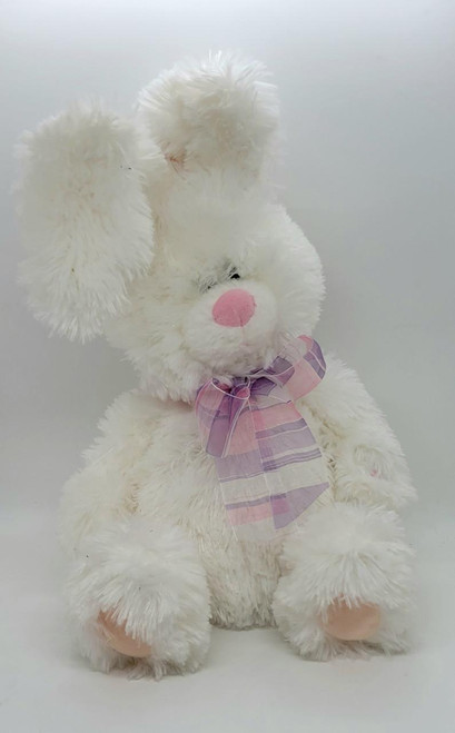 Unbranded Animated Singing 14 inch Easter Bunny, plush white bunny with pink nose and purple plaid bow