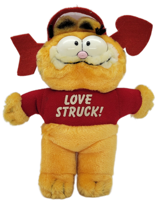 Dakin 1981 Love Struck Garfield 8-inch plush with suction cup.  Garfield is wearing a red love struck shirt and heart shaped head piece.