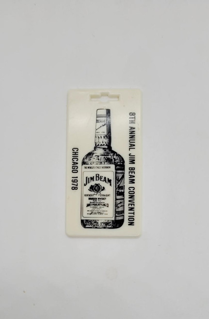 Jim Beam 8th Annual Convention Plastic Luggage Tag, white rectangular luggage tag with black illustration of a Jim Beam bourbon bottle and event information.