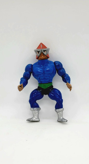 Masters of the Universe 1988 Mekaneck Action Figure, a vintage collectible toy of a muscular character with blue body, brown face, silver boots, black shorts, and a distinctive orange helmet with goggles.