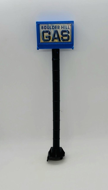 Kenner M.A.S.K. Boulder Hill Playset - Gas Sign / Radar Panel, plastic playset with blue sign labeled 'Boulder Hill Gas' mounted on a tall black pole.