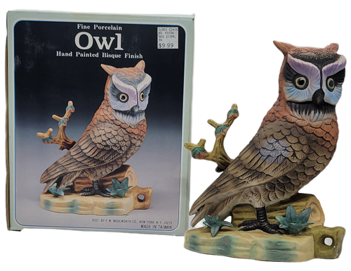 Vintage 8-inch Great Horned Owl porcelain figurine with original Woolworth box