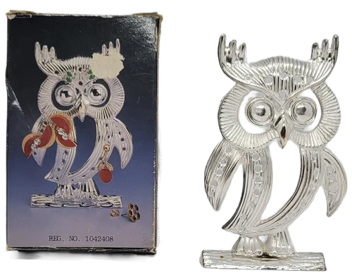 Vintage Argente silverplated Great Horned Owl earring holder with original illustrated box
