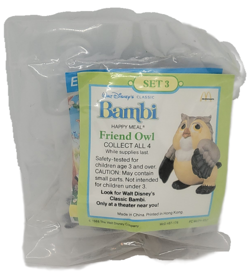 McDonald's Happy Meal toy figure of Friend Owl from the 1988 Walt Disney's Bambi movie series of toys. The series contains 4 different characters and was available July 8 - August 4, 1988.