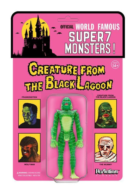 Super7 Universal Monsters ReAction Figure - "Super" Creature, Narrow Sculpt on Card, featuring a green creature with an elongated body and detailed facial features from the Black Lagoon, in its packaging.