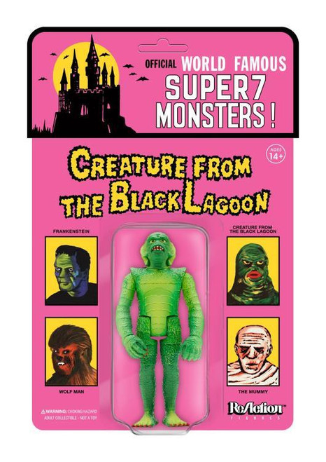 Super7 Universal Monsters ReAction Figures - "Super" Creature (Wide Sculpt on Card), toy action figure from the black lagoon in a plastic window display with colorful packaging and monster illustrations.