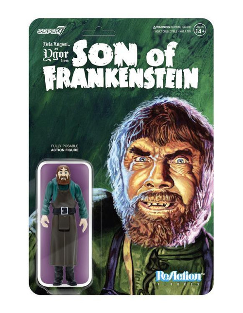Super7 Universal Monsters ReAction Figure - Bela Lugosi as Ygor, collectible action figure in packaging with illustration of Ygor on the box, featuring detailed character design.