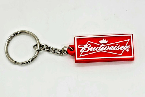 Budweiser Enjoy Responsibly Rubber Keychain, red rectangular keychain with white and red Budweiser logo and crown design.