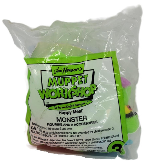 Muppet's McDonald's Happy Meal Toy 1995 Muppet Workshop #3 Monster, original plastic packaging with label showing product name and details.