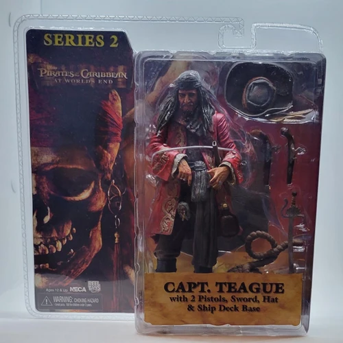 NECA Pirates of the Caribbean At World's End Series 2 Captain Teague Action Figure, detailed collectible toy with accessories including pistols, sword, hat, and ship deck base, in packaging with themed artwork.