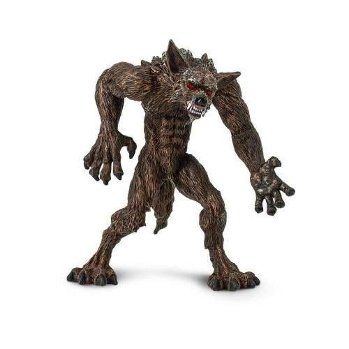 Safari Ltd Mythical Realms Werewolf, detailed toy figure of a menacing werewolf with brown fur, red eyes, sharp teeth, and a fierce stance.