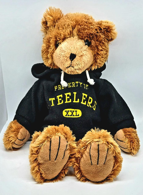 NFL Pittsburgh Steelers 20" Teddy Bear Wearing Sweatshirt, plush teddy bear with brown fur dressed in a black hoodie with yellow Steelers logo.
