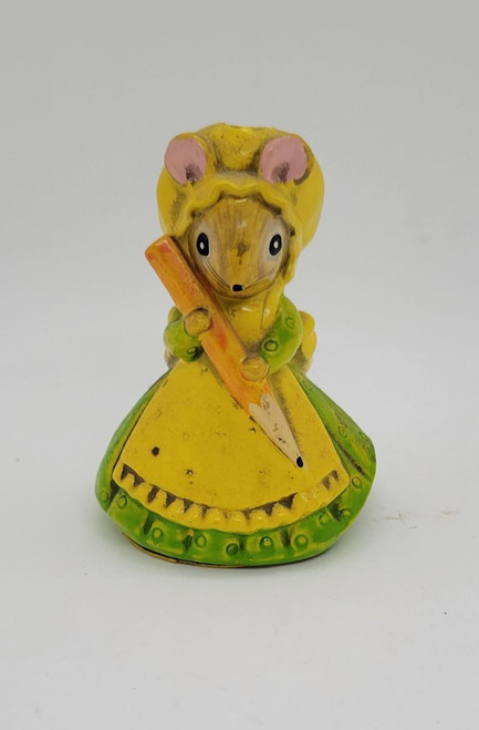 Lorrie Designs Lady Mouse Pencil Sharpener, colorful ceramic figurine designed as an elegant mouse in a yellow dress holding an orange pencil.