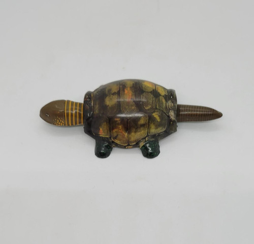 Unknown Tin Litho Turtle With Moving Head And Tail, vintage toy turtle with mechanical moving parts, detailed tin lithographed turtle figurine with articulated head and tail.