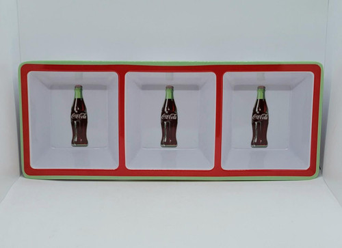 Coca-Cola Melamine 3-Section Tray, colorful tray with three compartments, each featuring an image of a Coca-Cola bottle.