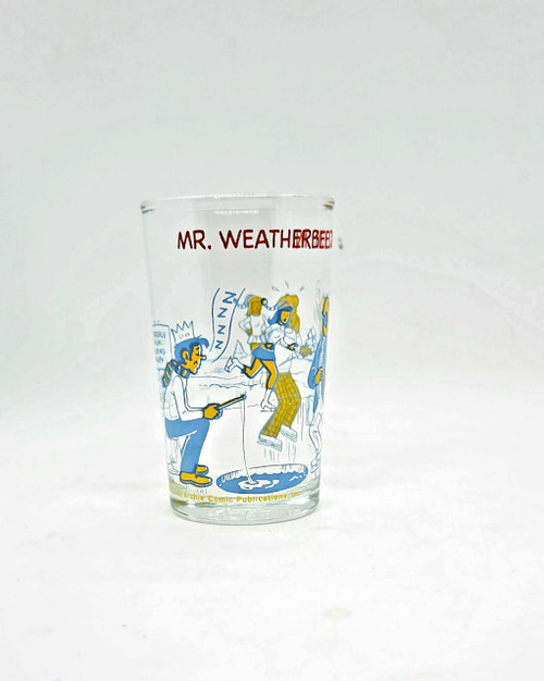 Archie Comics 1973 Mr. Weatherbee Drops In Juice Glass, vintage collectible glass featuring classic comic characters in a playful scene with Mr. Weatherbee, Betty Cooper, and Veronica Lodge.